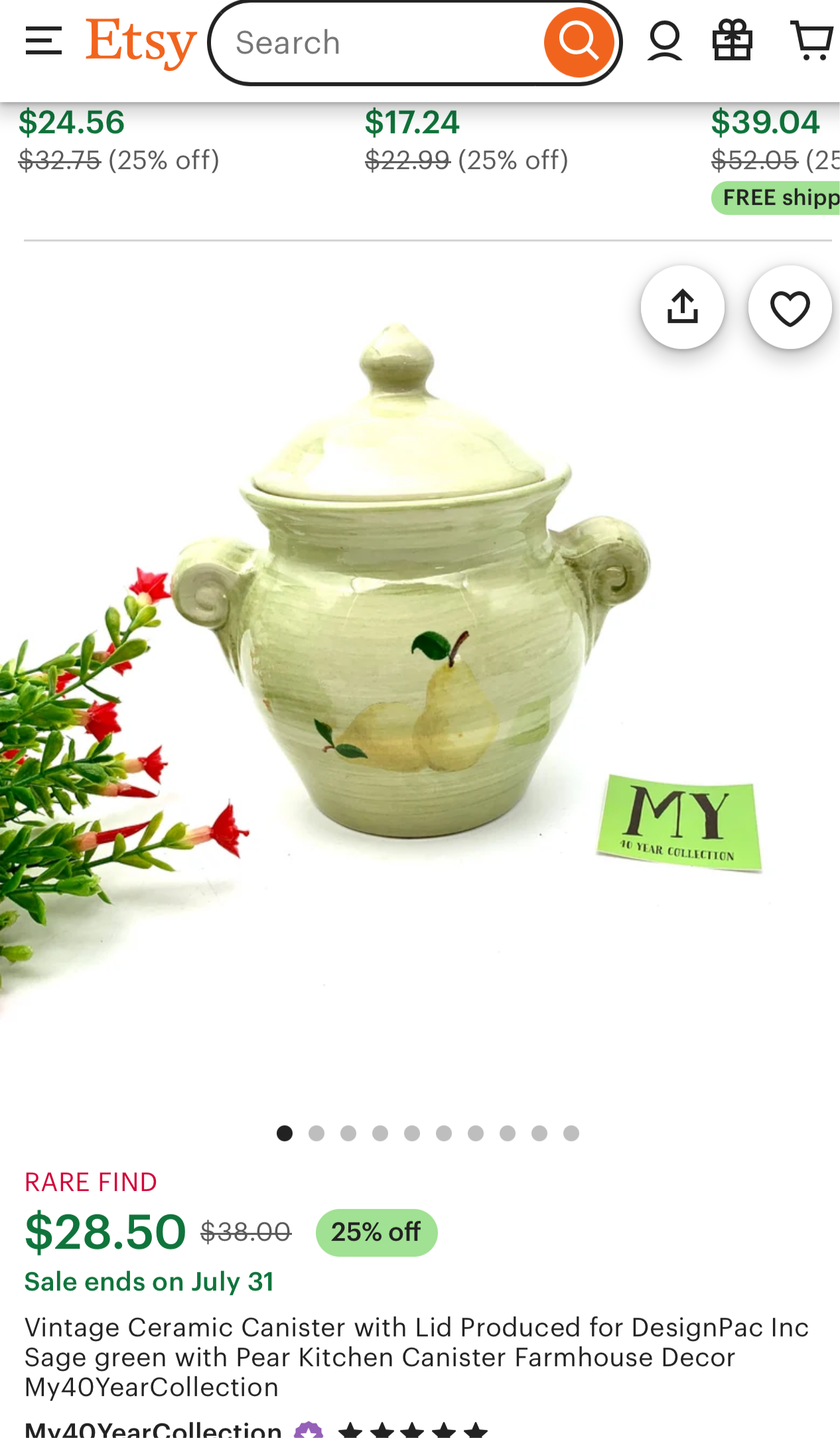 Vintage Ceramic Canister/ Sage Green with Pears