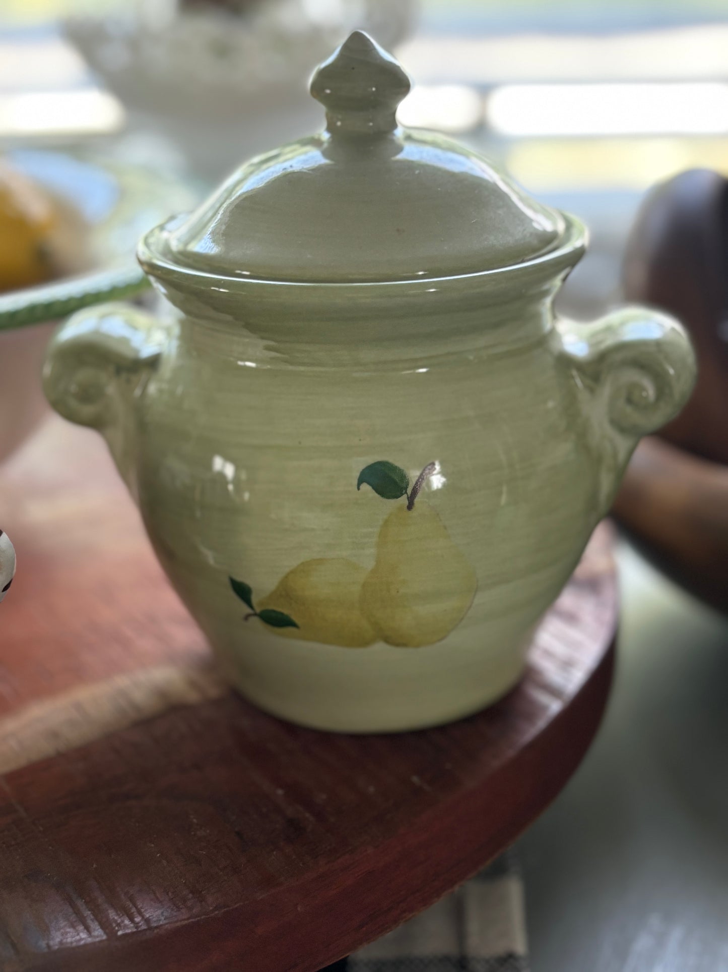 Vintage Ceramic Canister/ Sage Green with Pears