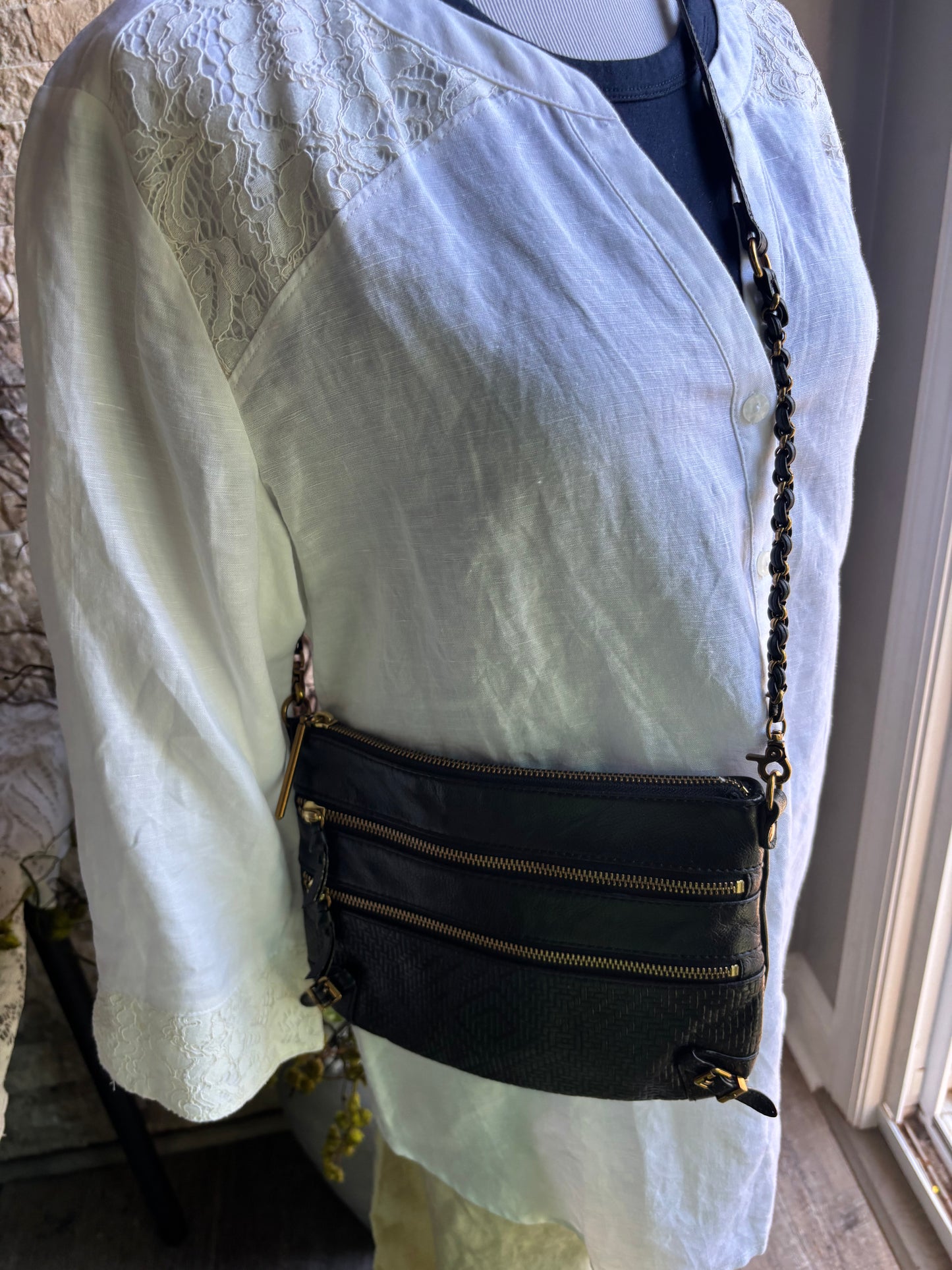 Elliot Lucca Black Leather Crossbody with gold accents