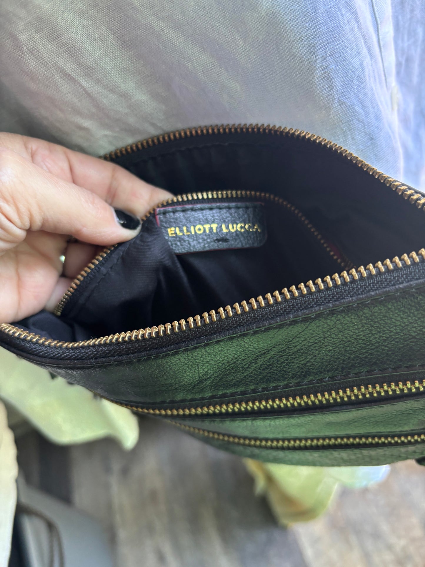 Elliot Lucca Black Leather Crossbody with gold accents