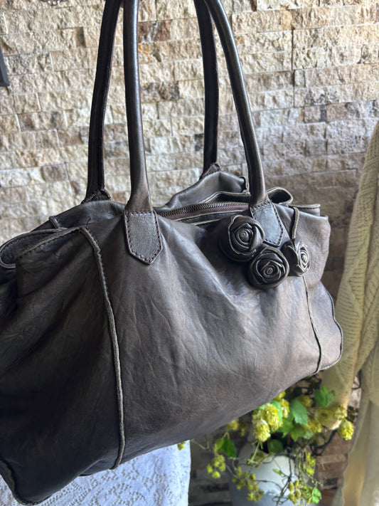 Rosette Brown Soft Leather Shoulder Bag