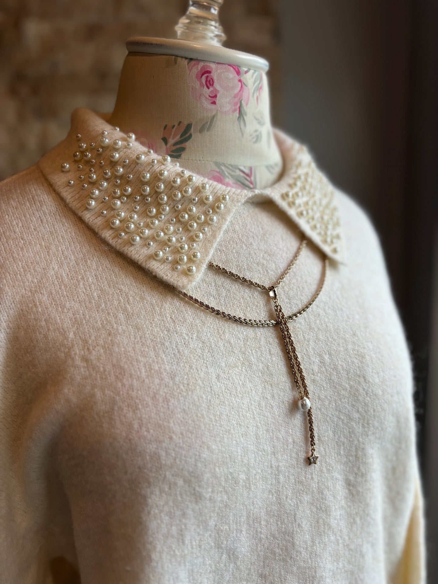 Delicate Ivory & Pearl collar sweater/ medium