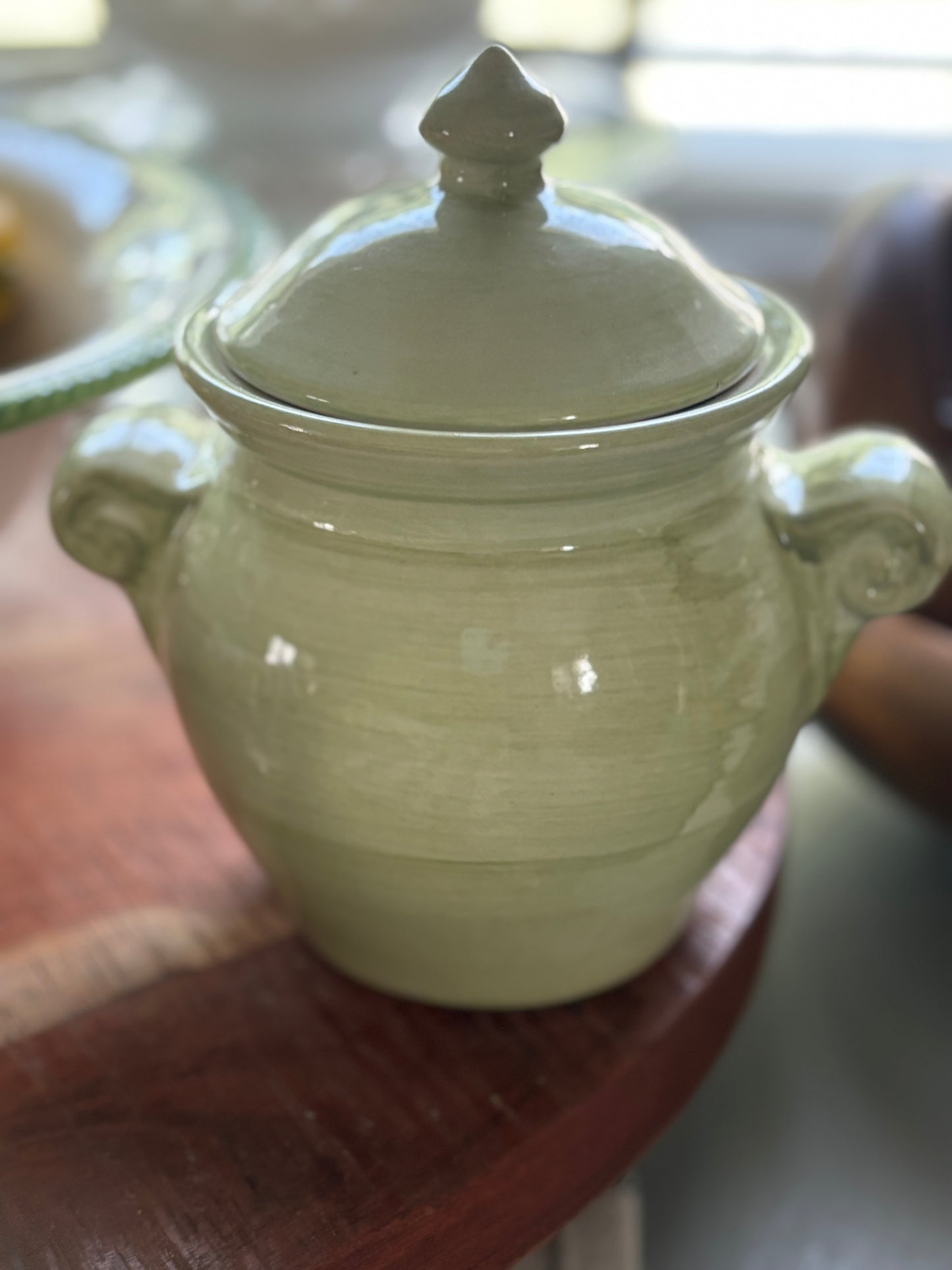 Vintage Ceramic Canister/ Sage green with pears