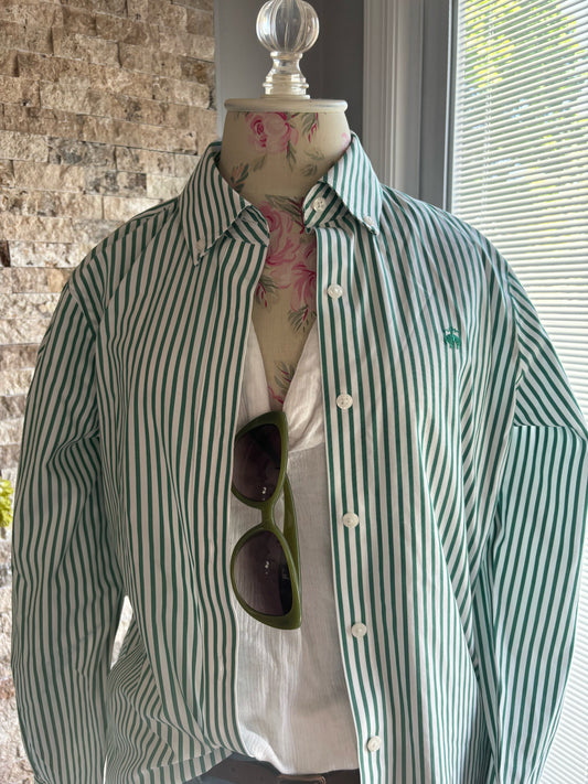 Brooks Brothers woman’s green and white striped button down/ small