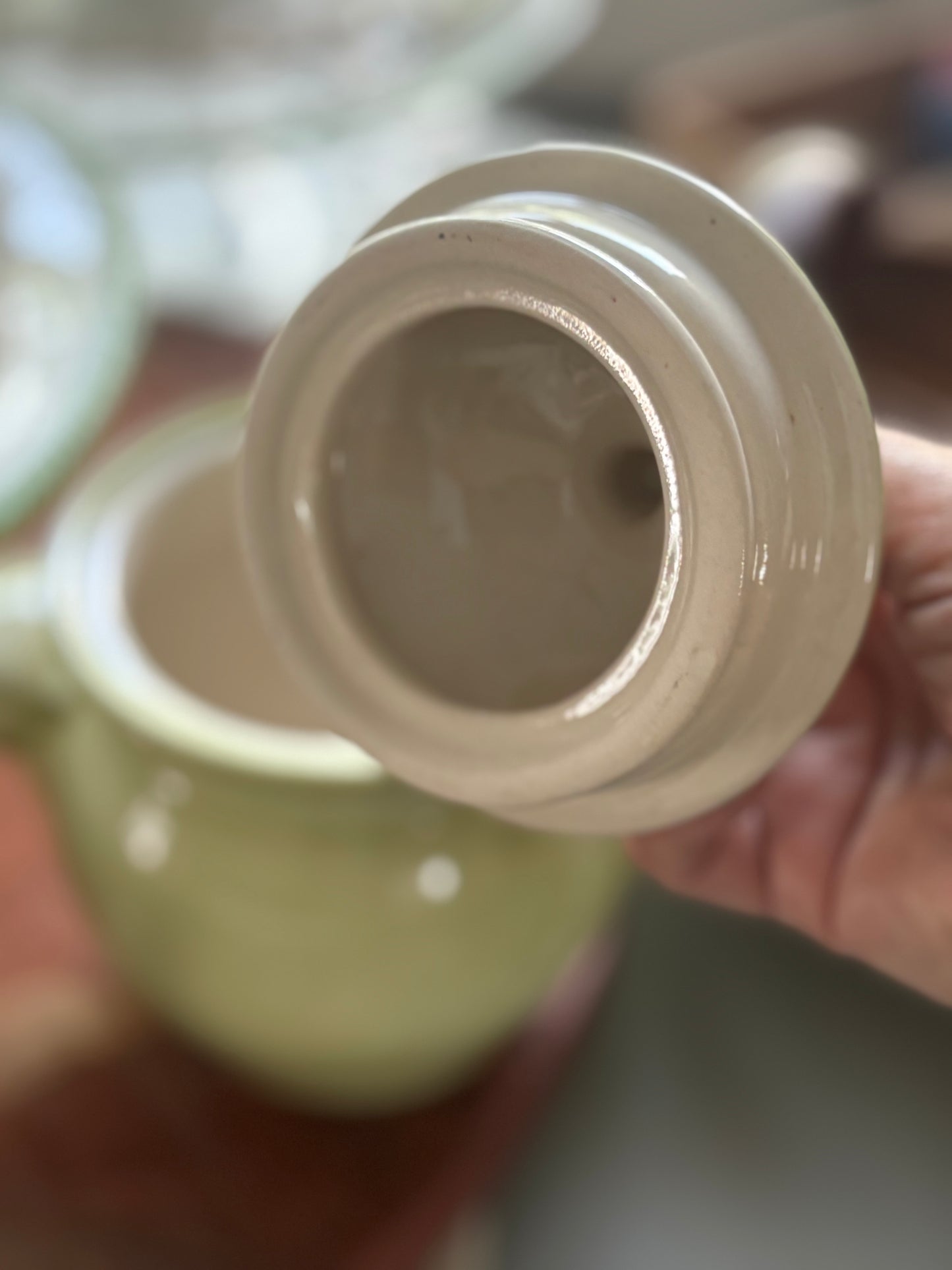 Vintage Ceramic Canister/ Sage green with pears