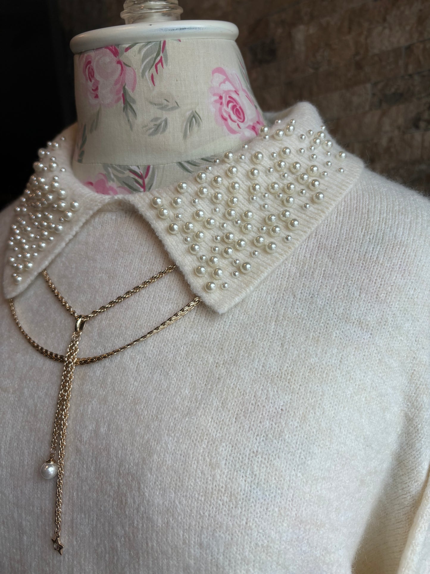 Delicate Ivory & Pearl collar sweater/ medium