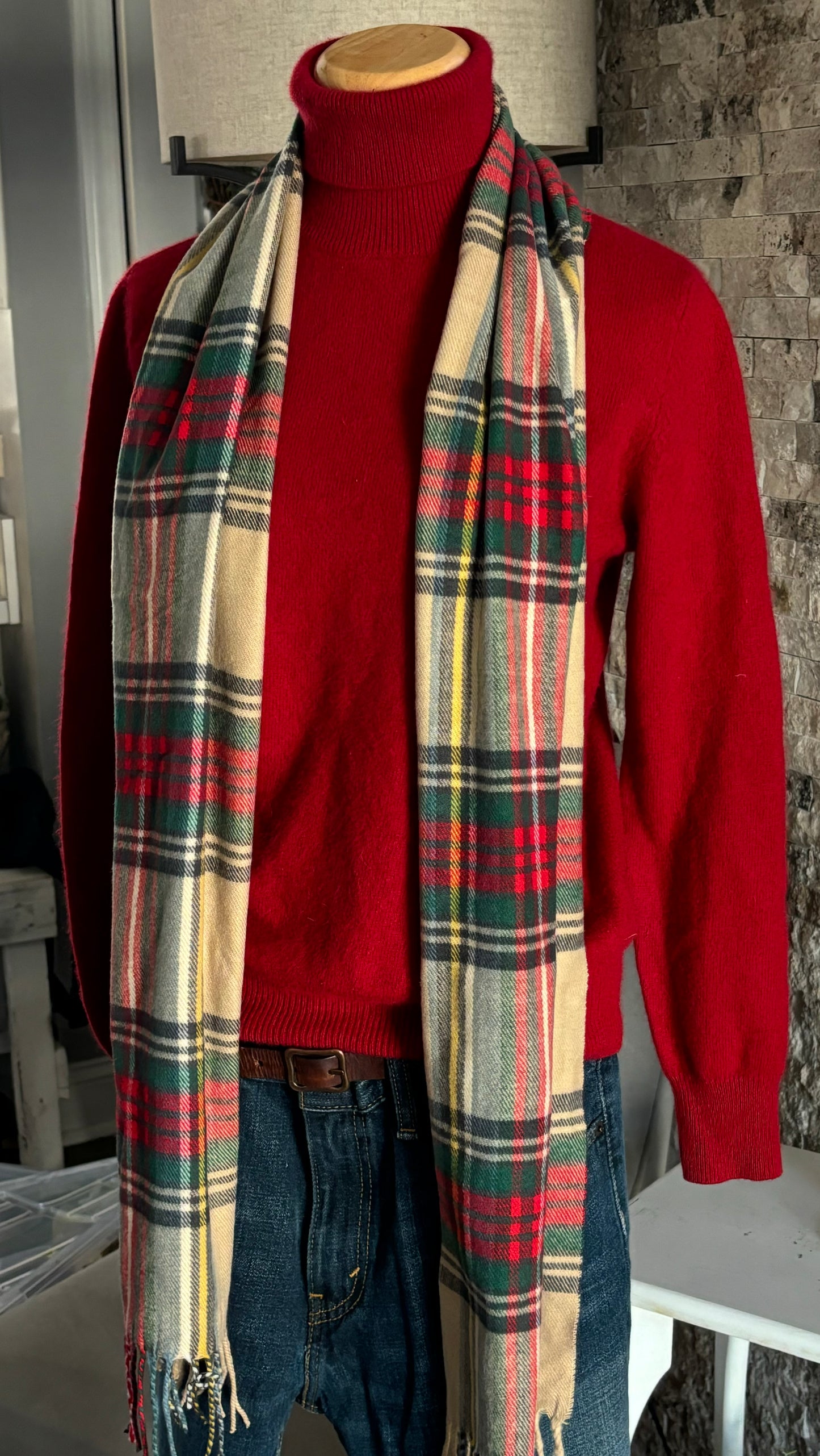 Holiday Plaid Ivory Scarf/ Cashmere and Viscose