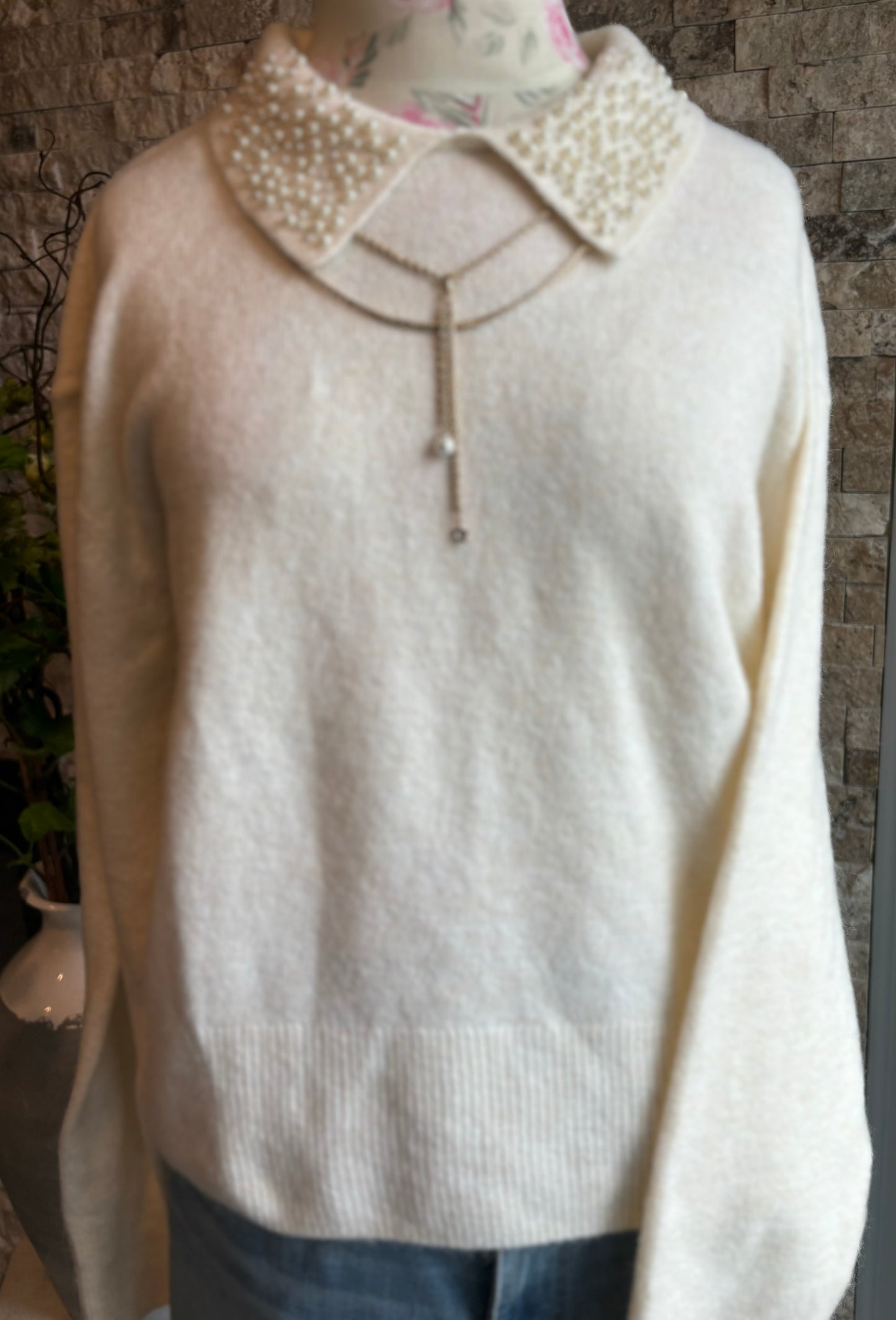 Delicate Ivory & Pearl collar sweater/ medium