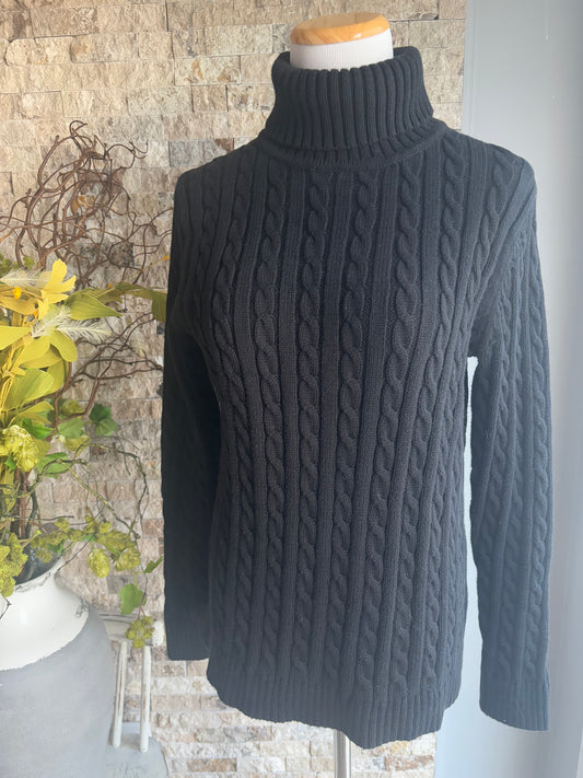 L.L. Bean Black Cable Knit Turtleneck Sweater Large