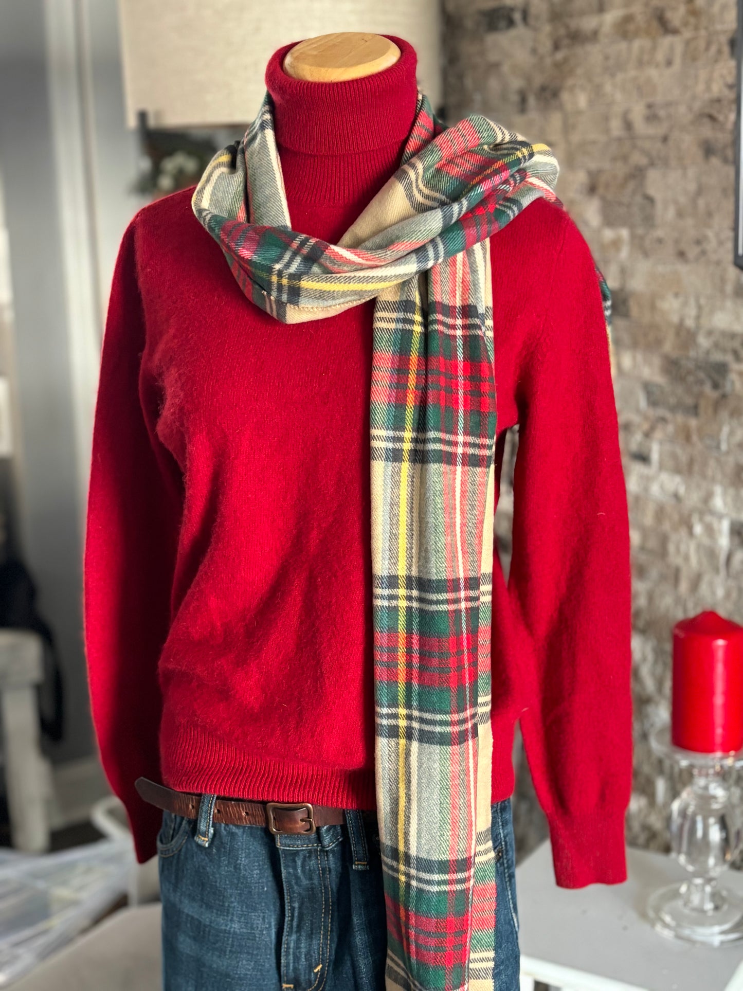 Holiday Plaid Ivory Scarf/ Cashmere and Viscose