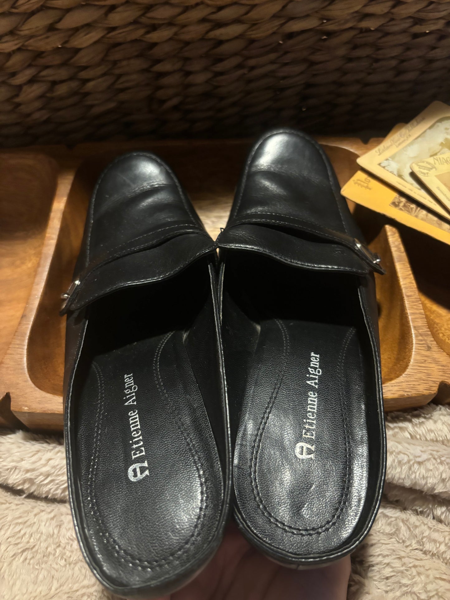 Etienne Aigner Black Leather Mules with heel/ Size 7