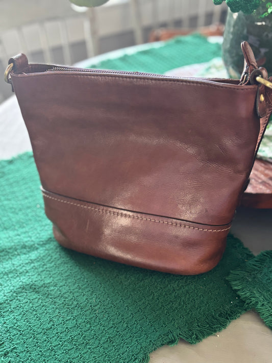 Caramel Leather Bucket Handbag with Braided Strap