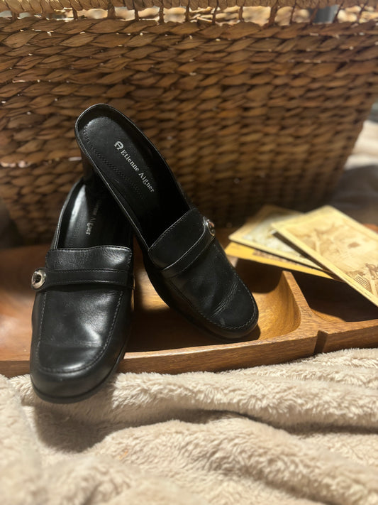 Etienne Aigner Black Leather Mules with heel/ Size 7