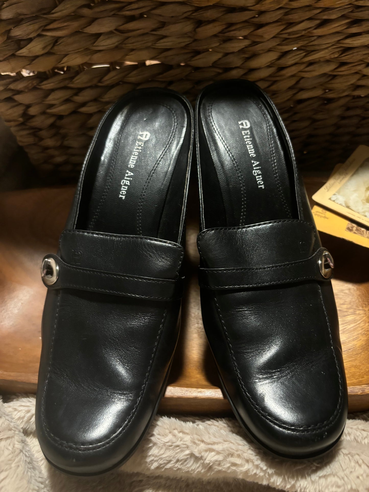 Etienne Aigner Black Leather Mules with heel/ Size 7