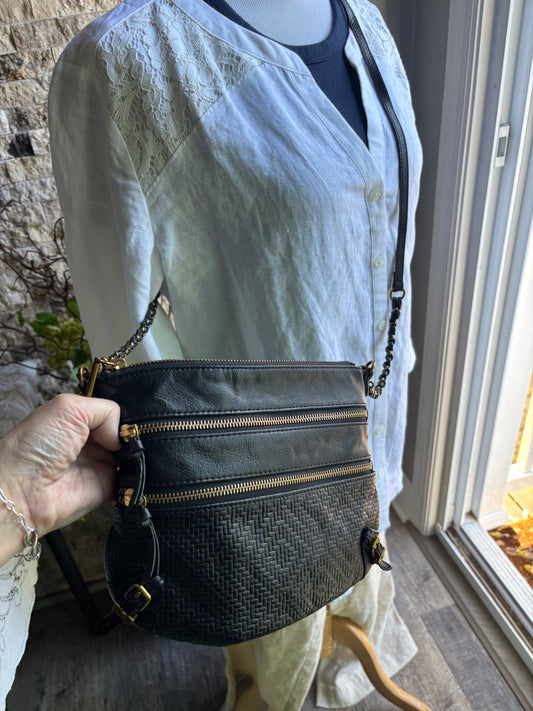 Elliot Lucca Black Leather Crossbody with gold accents