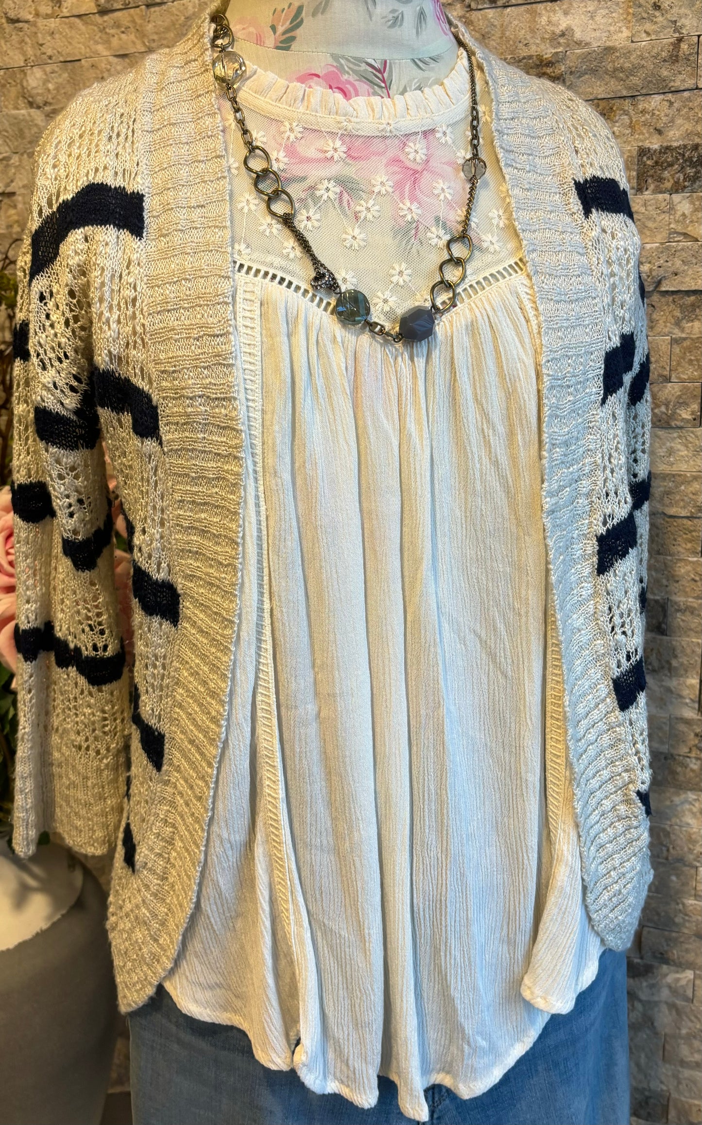 Nautical style navy and cream striped cardigan/ medium